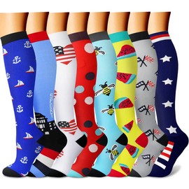 CHARMKING - Calcetines de compresión para hombres y mujeres (8 pares) de 15 a 20 mmHg son el mejor soporte para atletismo, correr, ciclismo, 03 Azul/Blanco/Azul Marino/Rojo/Azul Cielo/Amarillo/Gris, Pequeño - mediano