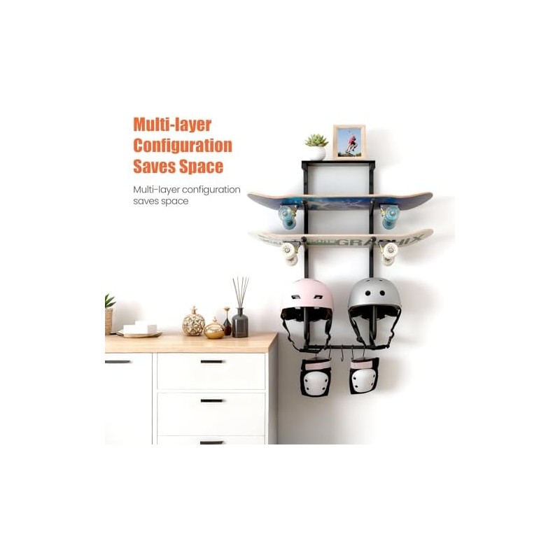 Skateboard Wall Mount Rack — Horizontal Multi-Board Display Shelf &