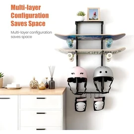 Skateboard Wall Mount Rack — Horizontal Multi-Board Display Shelf & Hanger, Longboard Deck Cruiser Holder, Wooden Helmet Stands & Accessories Hooks, Home Garage Wall Storage Organizer (Black)