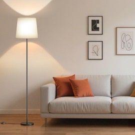 SIBRILLE Floor Lamp with White Fabric Shade - Dimmable Standing Lamp with Foot Switch, 3 Light Modes, 9W E26 LED Bulb Included, 62" Floor Reading Light for Living Room Bedroom Office Corner, Black