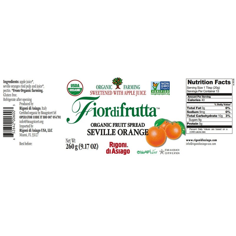 Rigoni di Asiago Fiordifrutta Organic Fruit Spread, Seville Orange, 6