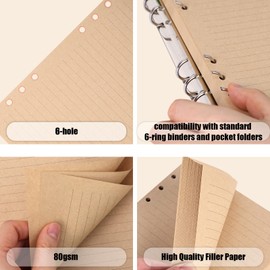 Koogel 100 Sheets Loose Leaf Paper, Brown Lined Filler Paper Refill Pads 6 Holes Punch for A5 Notebook 6-Ring Binders School Office 5.6 x 8.2 inch