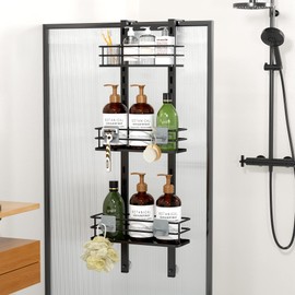 Orimade Adjustable Hanging Over the Shower Door Caddy with Hooks, Bathroom Organizer Shelf Storage Rack,No Drilling Rustproof Shower Basket for Inside Shower, Matt Black 3 Tier