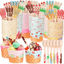360 Pcs 180 Sets Ice Cream Cups with Spoons Bulk 9.5 oz Disposable Paper Ice Cream Bowls Colorful Dessert Cups Containers for Yogurt Sundae Bar Supplies Summer Gatherings Birthday Party