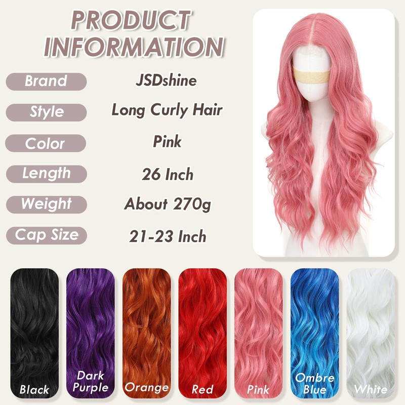 JSDshine Pink Wigs for Women Long Wavy Pink Wig with