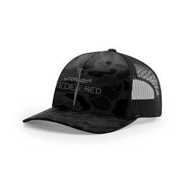 Christian Redeemed Cross Nails Mens Embroidered Mesh Back Trucker Hat, Sable Duck Camo