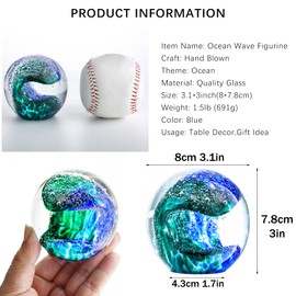 QFkris 3'' Hand Blown Glass Ocean Waves Ball Figurine,Glass Art Bubble Waves Ocean Themed Ball Paperweight for Home Decorative Collectibles Aquarium Decor