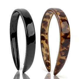 AHONEY 2 Pack Tortoise Shell Headbands for Women Black Headband with Teeth Non Slip Strong Hold Hairbands for Women's Hair Fashion Hair Accessories Comb Headband