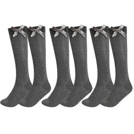 Faozo® Girls Knee High Cotton Rich Socks with Fluffy Ribbon Bow – 3 Pairs School Uniform Knee High Socks for Girls, Back to School Socks (Grey, 12-3.5)