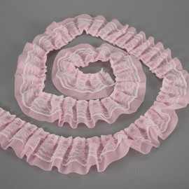Mililanyo 11 Yards Pink Double-Layer Pleated Chiffon Lace Trim 5cm Wide 2-Layer Gathered Ruffle Trim Edging Tulle Trimmings Fabric Ribbon for Home DIY Sewing Crafts
