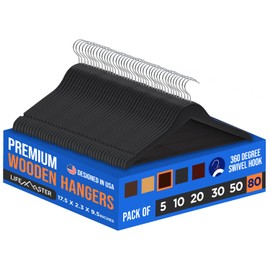 Lifemaster Wooden Clothes Hangers – with 360 Degree Swivel Hook and Non-Slip Shoulder Notch, Holds Up to 10 lbs, Pants Bar Design, for Organizing Suit, Dress, Coat, and Clothes, Pack of 80, Brown