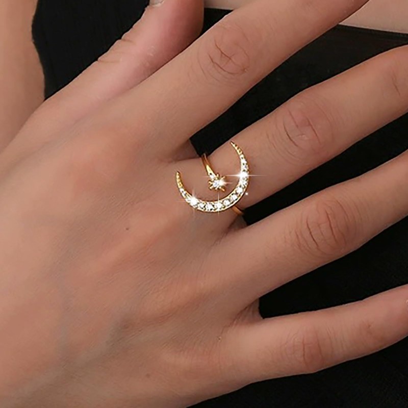 TseenYi Crystal Star Moon Adjustable Ring Gold Crescent Adjustable Ring