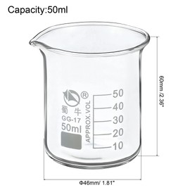 PATIKIL 50ml Low Form Glass Beaker, 2 Pack 3.3 Borosilicate Glass Graduated Printed Scale Measuring Cups with Spout for Kitchen Lab Liquids Transit Boiling