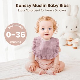 Konssy Muslin Baby Bibs for Girls – Soft 100% Cotton Drool Bibs, Ruffle Trim for Newborns & Toddlers 0-36 Months 3-Pack