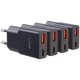 revolt USB-C Mini Power Supply: Set of 4 Ultra Compact USB-A/C Power Supplies, Power Delivery 20 W, Black (Fast Chargers, Travel Chargers)