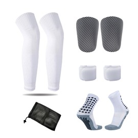 Hopomer Soccer Shin Guards for Adult Soccer Socks and Mini Shin Guard Leg Sleeves Set Shin Pads Adult Men Soccer Non Slip Pre Cut Socks and Shinguards Mens Espinilleras De Futbol Para Niños (White, L)