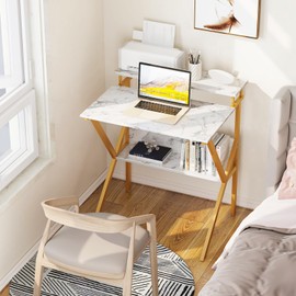 ODK Small Desk, 27.5 Inch Small Computer Desk for Small Spaces, Compact Desk with Storage, Tiny Desk Study Desk with Monitor Stand for Home Office, White Marble + Gold Leg