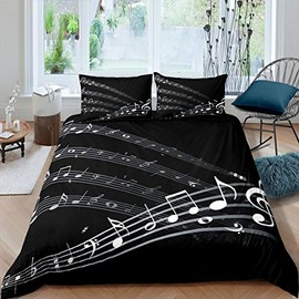 Musical Note Bedding Set Staff Pattern Comforter Cover for Kids Adult Classic Music Themed Duvet Cover Black and White Bedspread Cover Room Decor 3Pcs with 2 Pillowcase Full Size (No Comforter)