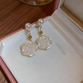 DIAMANTIO 18K Gold Plated Pearl Stud Rose Drop Earrings – Elegant White Flower Dangle Statement Earrings for Women.
