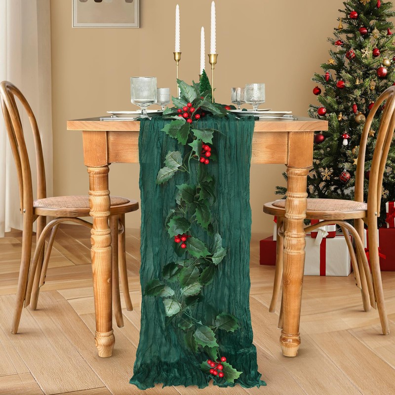 Christmas Table Runner, 10FT Emerald Green Table Runner Cheesecloth Table