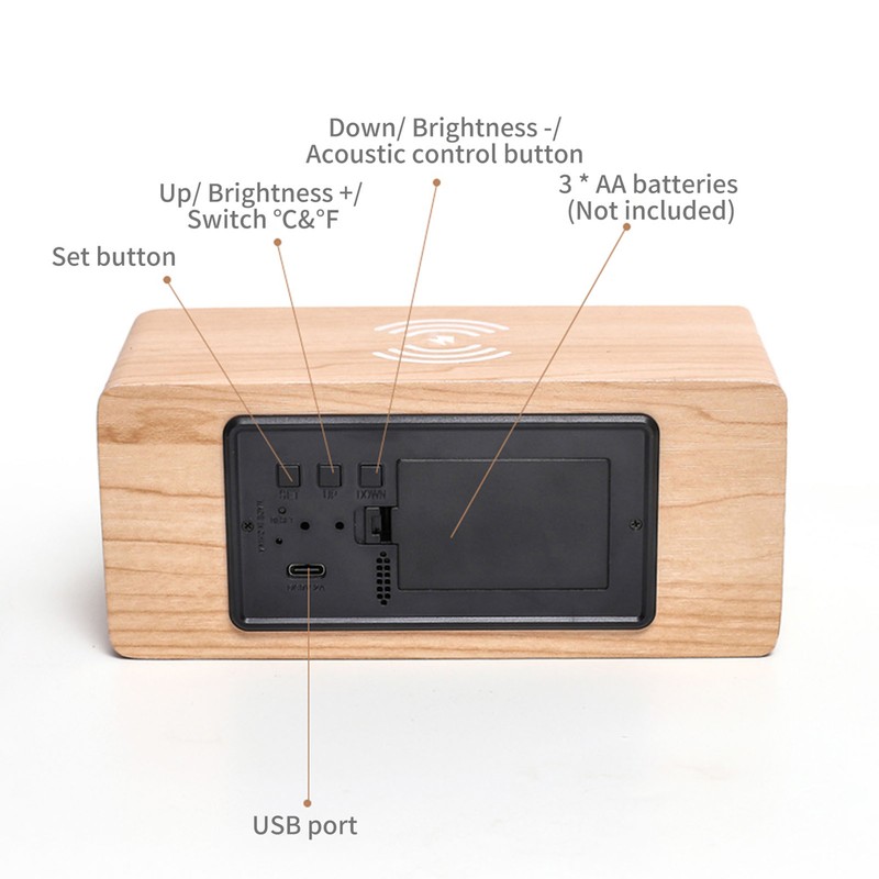 Digital Wooden Alarm Clock Electronic LED Time Display for Bedroom