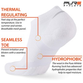 Pure Athlete Merino Wool Socks - Low Show Cushioned Athletic Padded Running Sock (6 Pack - White, Large)