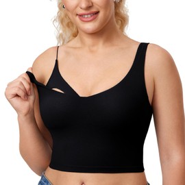 MOMANDA Women's Nursing Bras Longline Sports Breastfeeding Bra V Neck Sleeveless Tank Top with Built in Bra Black X-Small