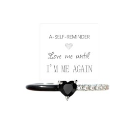 Love Me Until I'M Me Again Black Heart-Cut Half Enamel Ring, S925 Sterling Silver Heart Rings Self-Love Ring Gift, Heart Rings Birthday Gifts for Women, Daughter, Wife, Friends (Black obsidian, 7)