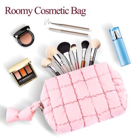 URSKYTOUS Quilted Makeup Bag for Women Girls Large Pink Cosmetic Bag Cute Puffer Aesthetic Zipper Makeup Pouch for Purse Portable Waterproof Travel Toiletry Bag Makeup Brushes Skincare Bag Organizer