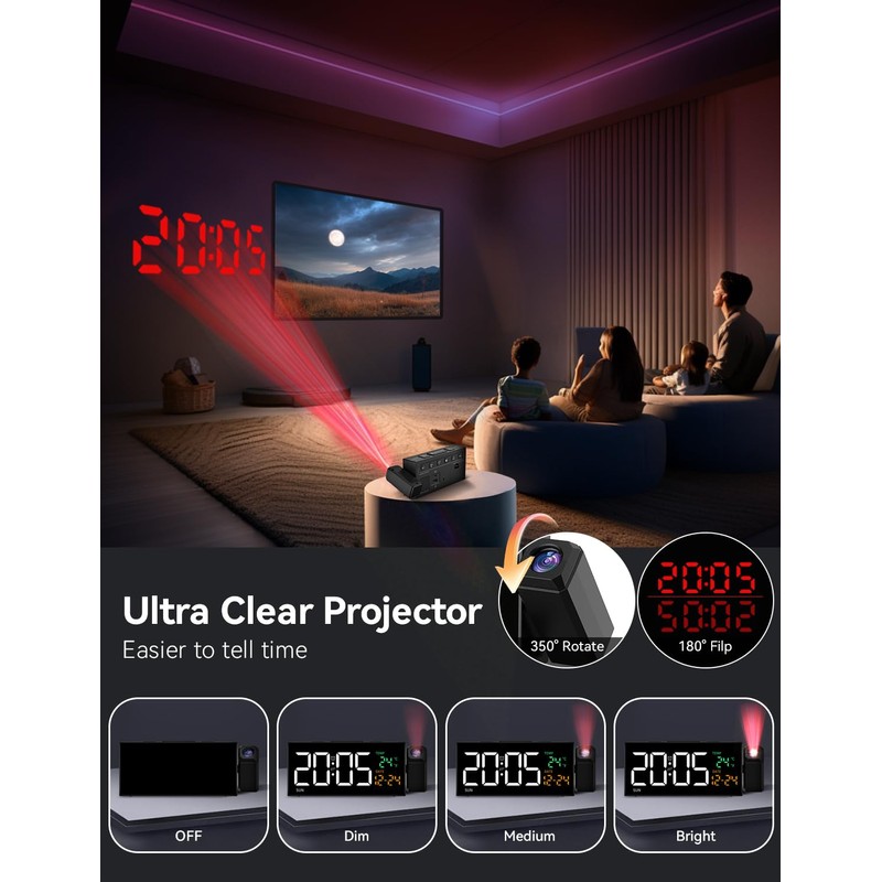Netzu Projection Clock for Bedroom Ceiling, Alarm Clocks with 180°