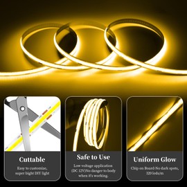iNextStation COB LED Strip Light Yellow 16.4FT 5M, DC12V CRI 93+ Dimmable Flexible LED Tape Lights for Bedroom, Kitchen, TV Backlight, Cupboard, Wardrobe, Home Lighting Decor