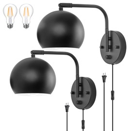 VATONI Dimmable Wall Sconces Set of 2, Plug in Wall Sconces Swing Arm Wall Lights with Plug in Cord and Dimmer On/Off Knob Switch, Black Globe Wall Light for Bedside Bedroom Bathroom(2 Bulbs Included)