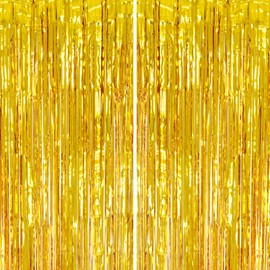 DECOCKRAT 2 Pack Foil Fringe Backdrop - Gold Shiny Tinsel Curtains for Party Decoration/Photo Booth Props - 3.3x6.6 FT Metallic Foil Backdrop for Birthday, Wedding, Graduation, Christmas.
