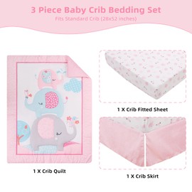YCDTMY 3 Piece Baby Crib Bedding Set for Girls, Baby Bedding Includes Comforter, Fitted Sheet, Skirt, Newborn Infant & Toddler Standard Size Bed Set, Pink Elephant