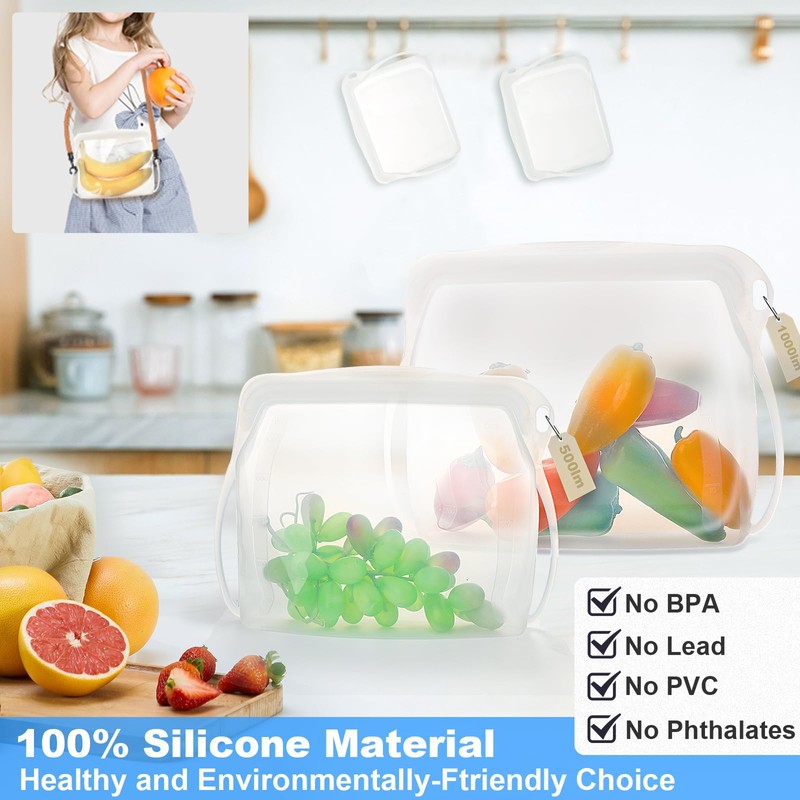 Reusable Silicone Storage Bags, 2 PCS Stand Up Food Grade