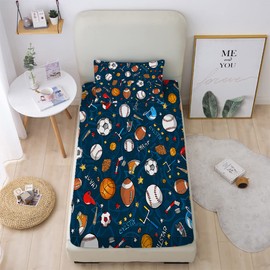 Gusuhome Boys Sports Fitted Sheet Twin Size 3D Soccer Basketball Baseball Football Bedding for Kids Teens Bedroom Comfy Deep Pocket Bed Sheet Set Decorative for Sports Fans Blue