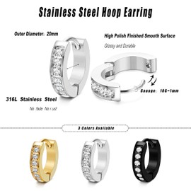 FIBO STEEL 20MM Stainless Steel Small Hoop Earrings for Men Women Huggie Earrings CZ Inlaid Silver-Tone
