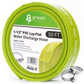 Green Expert 1-1/2" ID PVC Lay-flat Discharge Hose Heavy Duty for Pump Draining Pool Filter Backwash Garden Pond Flooded House Water Disposal, 50 Feet Length with Steel Clamp Kit