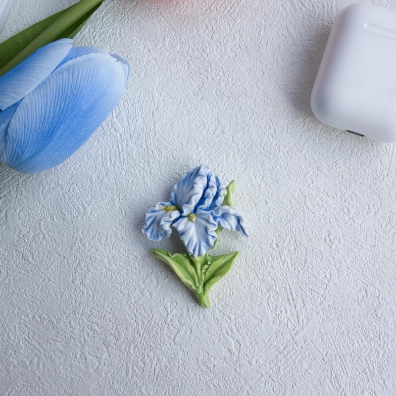 1 Pc Blue Iris Fridge Magnet, Handmade 3D Ceramic Flower