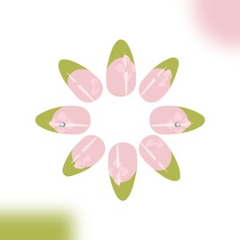 Flower Press on Nails Medium Square French Tip Fake Nails Nude False Nails with Glitter Pink Flowers Designs Winter Green on Border Full Cover Glossy Glue on Nails Acrylic Nails for Women Girls 24 Pcs