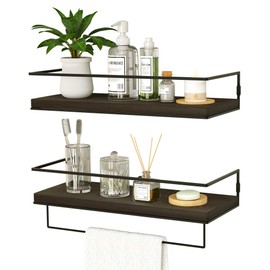 ZGO Floating Shelves for Wall Set of 2, Wall Mounted Storage Shelves with Metal Frame and Towel Rack for Bathroom, Kitchen, Bedroom