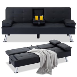 WRTEYEUI Convertible Sofa Bed Adjustable Couch Sleeper Folding PU Convertible Recliner Lounge Daybed for Living Room, Bedroom, Apartment, Office, Black, 65.3"x27.5"x29"