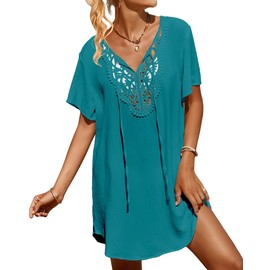 SimpleFun Women Swimsuit Coverup V Neck Chiffon Bathing Suit Cover Up Flowy Swim Bikini Beach Dress Cover Ups Vacation Teal L