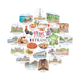 Navy Peony Fabled France Travel Stickers - Hand-Painted Watercolour, Waterproof, die-Cut - for journals, scrapbooks and Postcards (28 Pieces)