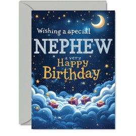 Nephew Birthday Card - Starry Night Moon Clouds - Happy Birthday Card for Nephew from Auntie Uncle, A5 Male Bday Greeting Cards