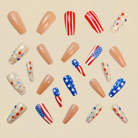 Medium Coffin Press on Nails 4th of July Fake Nails Patriotic False Nails with Colorful Stars and Stripes Design Full Cover Glossy Acrylic Artificial Nails DIY Art for Women and Girls 24PCS