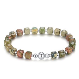 MetJakt Handmade Original 6MM Healing Crystal Natural Gemstone Bracelet Faceted Stone Stretch Labradorite Obsidian Moonstone White Gold Ball Bracelet for Women Men (Unakite -Silver)