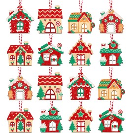 24 Sets Mini Gingerbread House Ornaments for Christmas Tree Gingerbread House Decorations Gingerbread House Hanging Wooden Christmas Tree Ornaments Rustic Farmhouse Xmas Decorations for Party, 8 Style