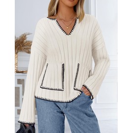 NENONA Women's 2024 V Neck Ribbed Knit Sweaters Striped Color Block Long Sleeve Loose Cozy Pullover Jumper Tops,White,L