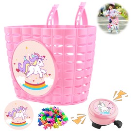SOETDERT Children's Bicycle Basket, Front Braided Unicorn Bicycle Basket with Bicycle Bell, Removable Bicycle Basket, Bicycle Accessories, Decoration for Children, Girls, Cycling, Outdoor